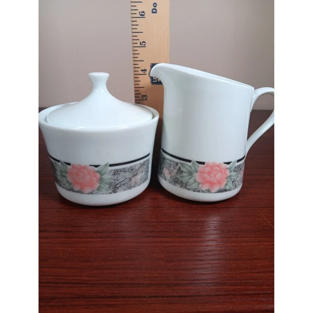 Corning Corelle Silk And Roses Sugar Bowl & Lid And Creamer Set USA EUC